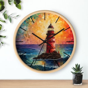 Reloj de pared único, decoración del hogar, reloj de madera, decoración de faro, olas del océano, reloj de mosaico falso, reloj de madera, reloj de faro, decoración de playa
