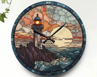 May include: A round clock with a stained glass design featuring a lighthouse, waves, and a sunset. The clock face is white with black hands.