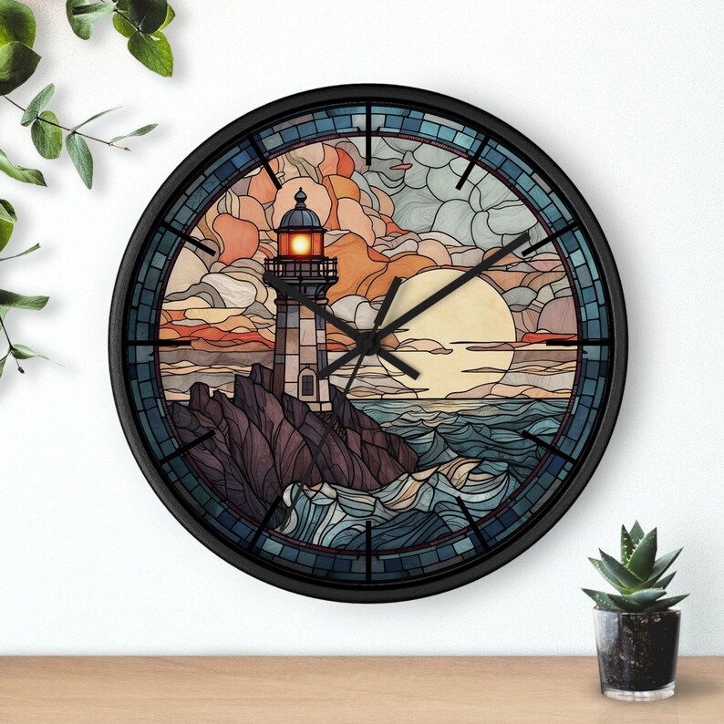 Wooden Wall Clock, Lighthouse Wall Clock, Stained Glass Art, Ocean