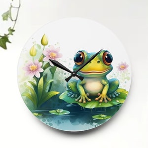 Unique Wall Clocks, Watercolor Frog Wall Art, Frogs on lily pads, MILF Clocks, Frog Decor, Gifts for her, Cute Frog Clocks, Frog Home Decor