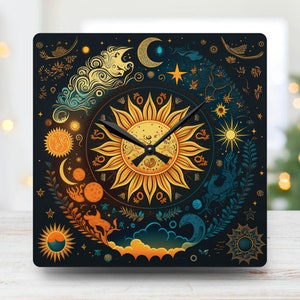 Celestial Wall Clocks, Celestial Home Decor, Whimsical Art, Celestial Boho Design Clock, Unique Wall Clocks, Celestial  Decor, Sun Clocks