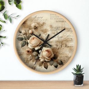 Reloj de madera único, relojes con diseño de rosas vintage, reloj de pared floral shabby chic, reloj floral vintage, reloj de madera silencioso, regalo del día de la madre
