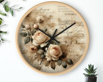 Unique Wooden Clock, Vintage Rose Design Clocks, Shabby Chic Floral Wall Clock, Vintage Floral Clock, Silent Wooden Clock, Mother's Day Gift
