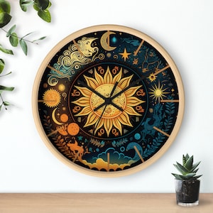 Celestial Wall Clock Whimsical Celestial Wooden Wall Clock | Sun & Moon Wall Art | Retro-Inspired Astrology Decor, Silent Non-Ticking Clock