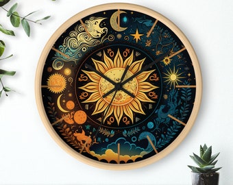 Celestial Wall Clock Whimsical Celestial Wooden Wall Clock | Sun & Moon Wall Art | Retro-Inspired Astrology Decor, Silent Non-Ticking Clock
