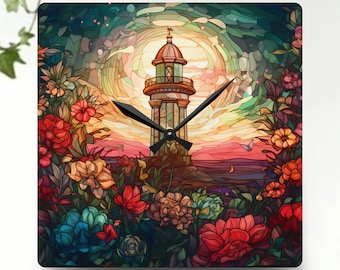 Lighthouse Clock, Lighthouse Stained Glass Design Wall Clock, Nautical Clock, Faux Stained Glass Wall Art, Sunset Clock, Lighthouse Decor