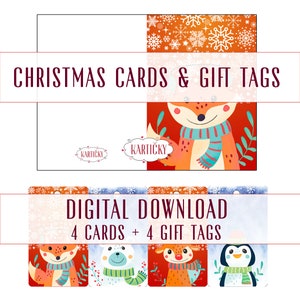 Paquete de Navidad 1 tarjetas y etiquetas, postales navideñas imprimibles, etiquetas de regalo de Navidad, tarjeta de felicitación digital, animales, paquete de Navidad, pdf