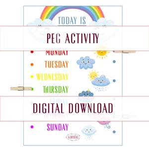Calendrier imprimable et station météorologique, activité de peg, peg it, jeu de clip pour enfants, calendrier 2024, jours de téléchargement instantané, météo