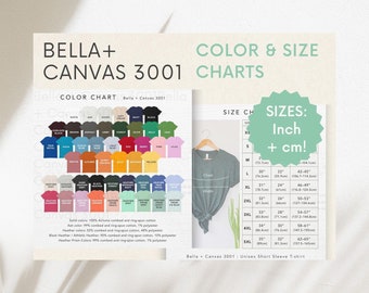 Bella + Canvas 3001 Bundle Color and Size Charts | Ultimate Size chart, Inches, cm | Length, width, chest | Digital File Download