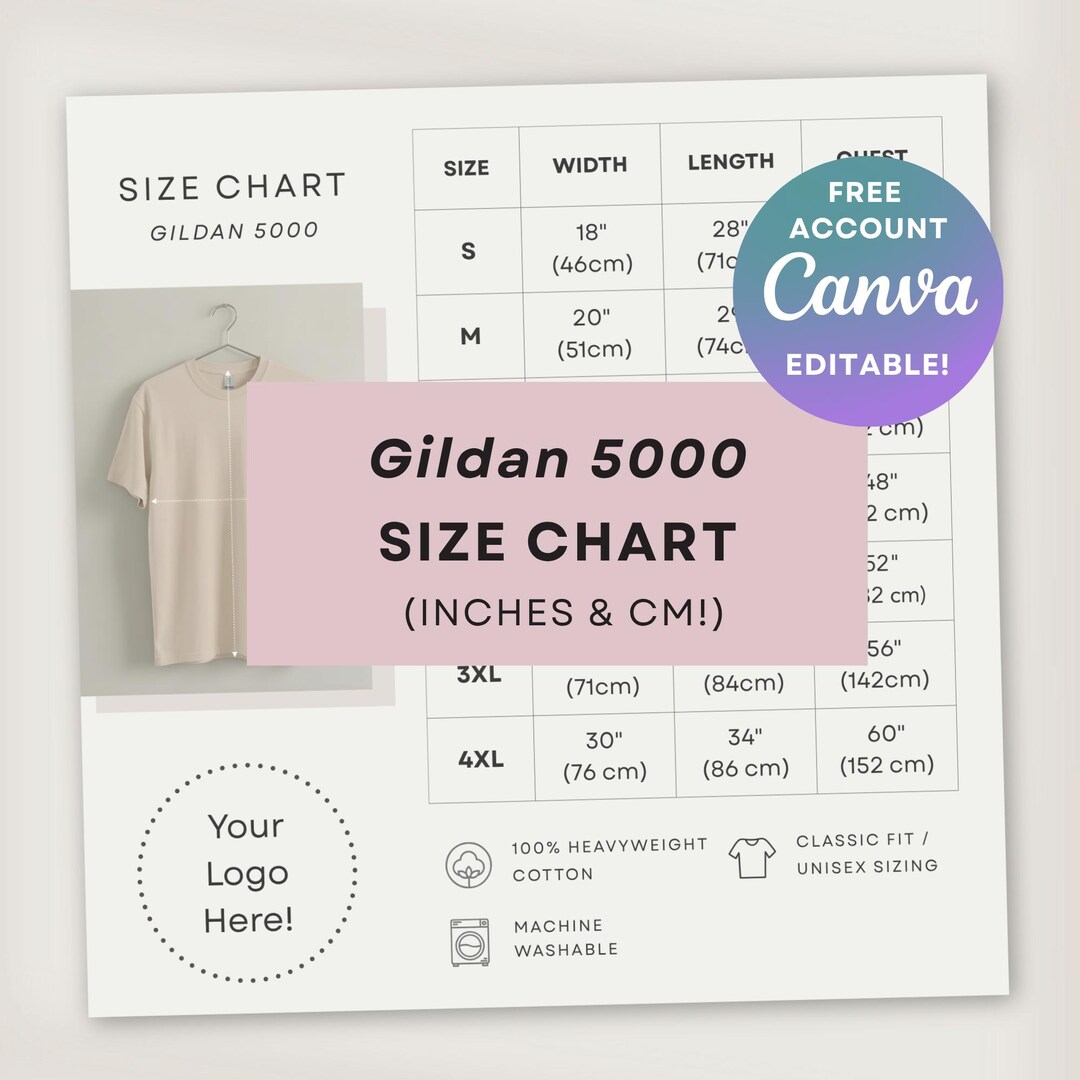 Gildan 5000 Inch & CM Size Chart, Editable Temp W/ Free Canva Account ...