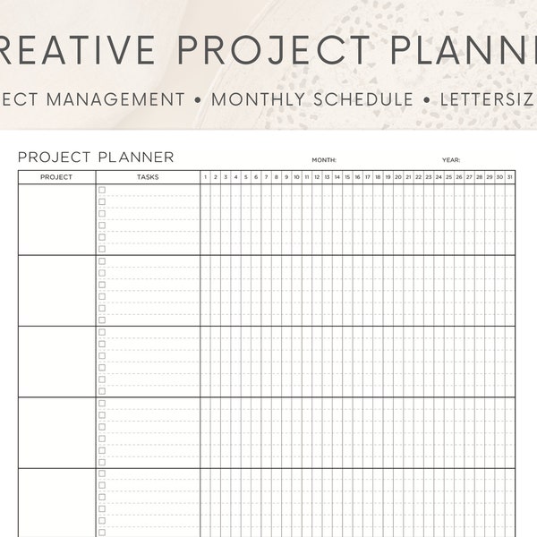 Creative Project Printable Planner | Minimalist - Light | Monthly | Project agenda | 8.5” x 11” Letter size format or A4 | PDF Download