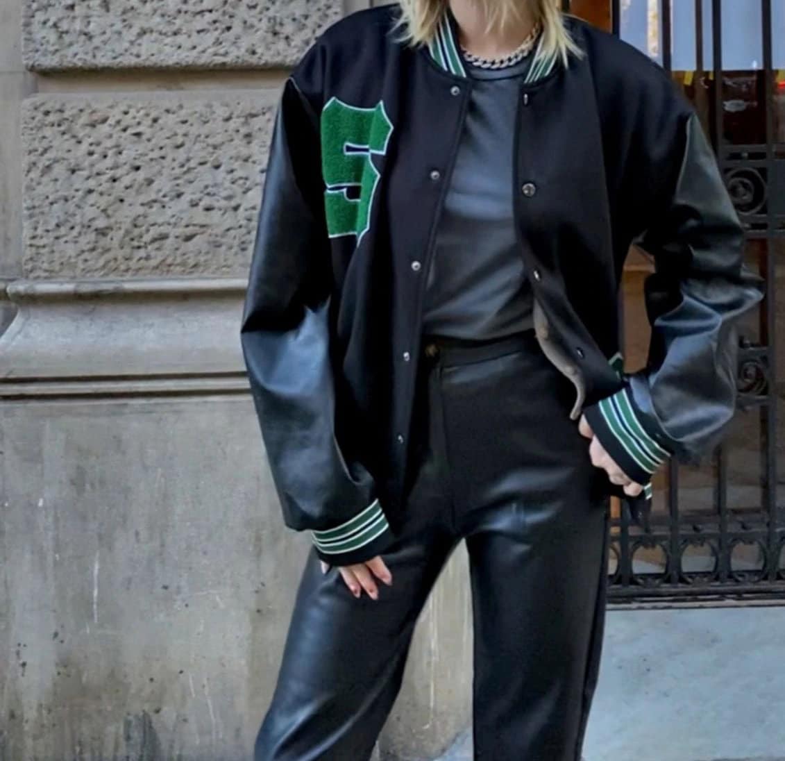 Men's Vintage College Varsity Bomber Jacket in Emerald Green