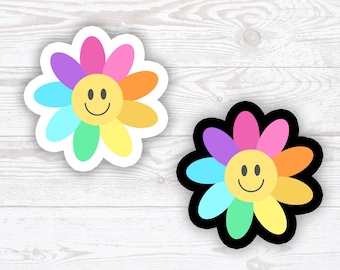 Adesivo in vinile con faccina felice carina, petali colorati, faccina sorridente, fiore allegro e luminoso, emoji faccina felice, scegli la felicità, fiore arcobaleno felice,