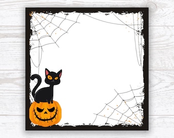 May include: A black cat sits on top of a jack-o'-lantern with a white background and black spiderwebs.