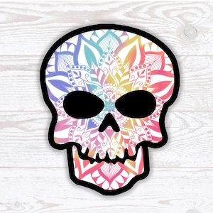 Sticker tête de mort Halloween effrayant, joli sticker tête de mort mandala, des bonbons ou un sort d'Halloween, os de crâne squelette, cadeau autocollant fête d'Halloween