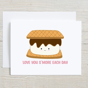 Carte de Saint-Valentin Love You S'more Each Day, carte d'anniversaire de S'more, carte de biscuits S'more, carte de jeu de mots pour gourmets, carte d'amour de camping S'mores, carte de Punny