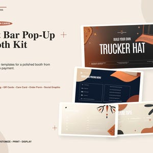 Kit di segnaletica pop-up per bar di cappelli, modello Canva per bar di cappelli da camionista, cartelli per stand di vendita per patch bar, scheda per la cura dei cappelli, modulo d'ordine personalizzato, codici QR