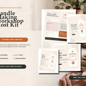 May include: A digital Candle Making Workshop Host Kit featuring 17 editable Canva templates. The set includes host printables, guest materials, 5x7 cards, and social graphics. The design uses a neutral color palette with text overlays.