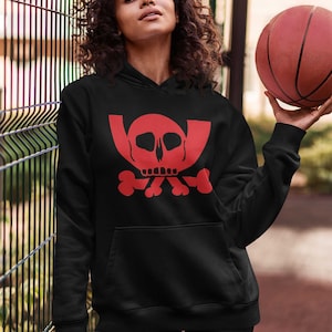 May include: Black hoodie with a red skull and crossbones graphic. The hoodie has a drawstring hood and a kangaroo pocket.