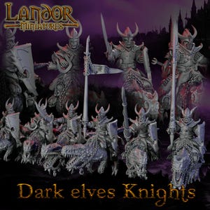 Dark Elves Knights – Landor Miniatures – Caballeros élficos oscuros – Miniaturas en resina premium ABS – Impresión 3D para wargames y rol
