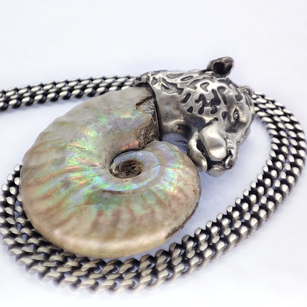 Jaguar and Ammonite Fossil Pendant Talisman - Future Cyber Tech - Solid 925 Sterling Silver - Organic Sculpture