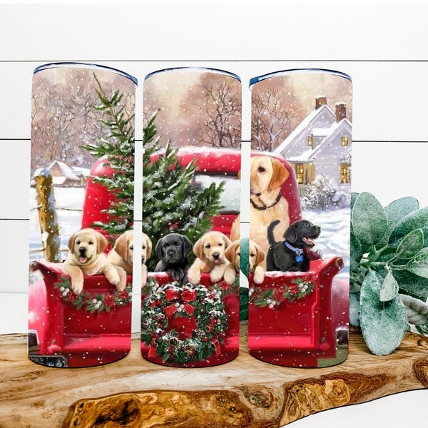 Christmas Truck with Puppies, 20 oz. Straight Tumbler, Vintage Truck, Christmas Tumbler, Dog in Truck, Skinny tumbler, Christmas gift,