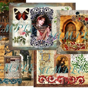 Puede incluir: Un collage de imágenes vintage con mujeres, pájaros, mariposas y detalles arquitectónicos. Las imágenes se colocan sobre un fondo de papel antiguo, partituras musicales y patrones florales.