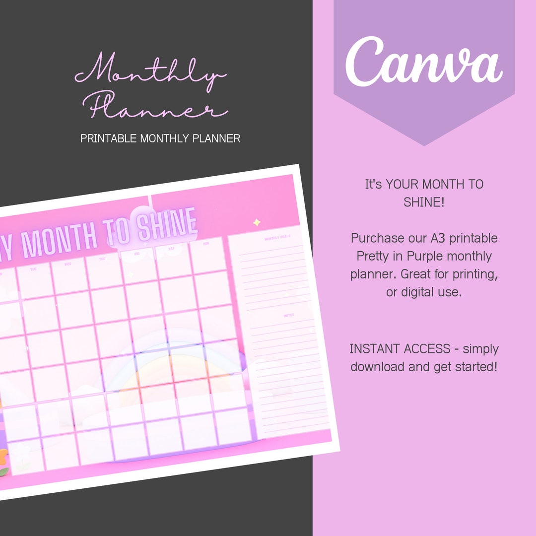 PRINTABLE A3 Monthly Planner - My Month to Shine. Purple Canva Template