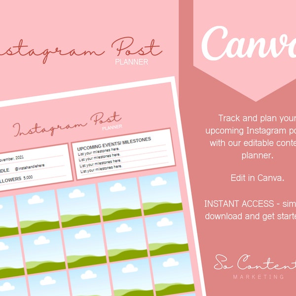 Canva Instagram feed planner template - drag and drop your proposed images to plan your feed aesthetic and track your growth each month.