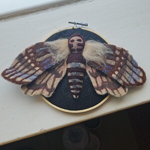Peut inclure: Une œuvre d'art en feutre représentant un papillon de nuit, encadrée dans un cercle à broder. Les ailes sont marron, beige et violettes, le corps rayé et la tête détaillée. L'envergure est d'environ 15 cm.