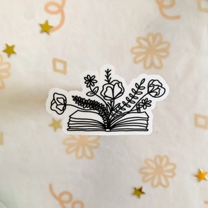 Adesivo in vinile lucido bianco e nero con libro di fiori, adesivo per la lettura, adesivo per libri, adesivo per amanti dei libri, adesivi impermeabili per libri