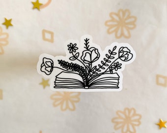 Blumenbuch schwarz + weiß | glänzender Vinyl Sticker, Lese Sticker, Buch Sticker, Bookish Sticker, Booklover | wasserfeste Stickerbücher