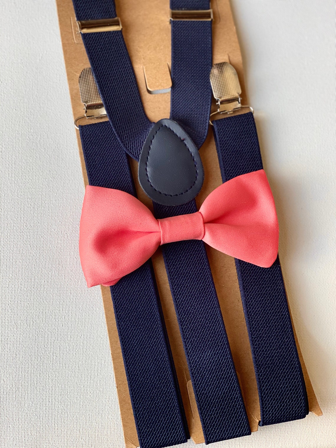 Coral Bow Tie & Suspenders Set for men and kids Navy blue image 1