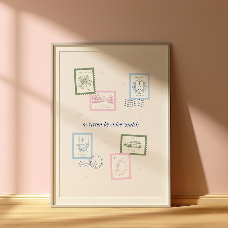 May include: A framed print with a light pink background and a collection of vintage-style stamps featuring various designs, including a four-leaf clover, a building, a chandelier, a car, and a football. The text "written by chloe walsh" is printed in blue below the stamps.