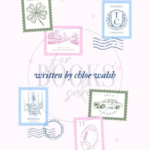 May include: A collection of vintage postage stamps with various designs, including a four-leaf clover, a river scene, a college crest, a pub, a car, and a football. The stamps are arranged in a circle around the text "for books sake" and "written by chloe walsh".