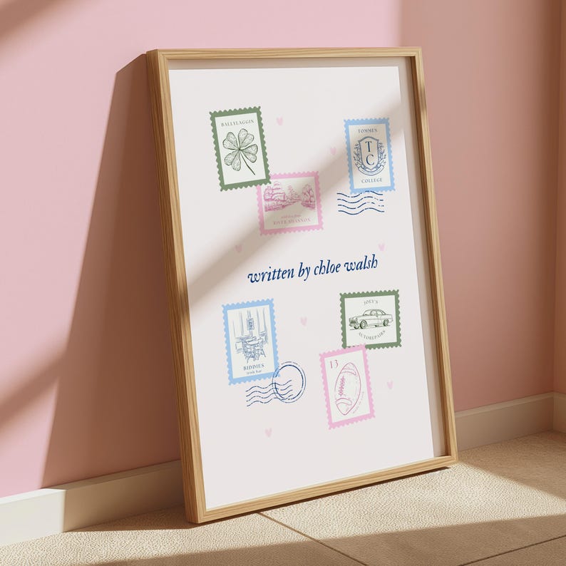 May include: A framed print with a white background and a collection of colorful stamps featuring various illustrations, including a four-leaf clover, a building, a car, a table setting, and a football. The text "written by chloe walsh" is printed in blue below the stamps.
