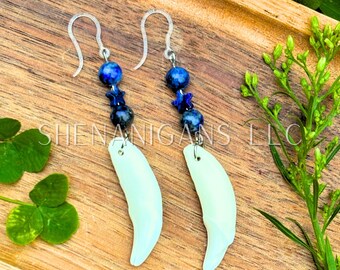 Coyote Tooth with Lapiz Lazuli Earrings – Crystal Star Dangle Jewelry
