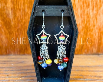 Rainbow Pride Flag Shooting Star Earrings with Crystal Donut Beads
