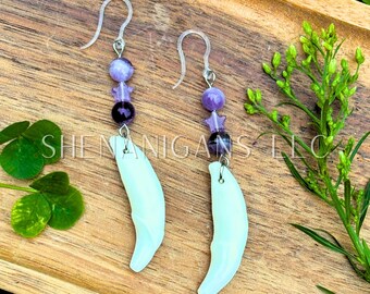 Coyote Tooth with Amethyst Earrings – Crystal Star Dangle Jewelry