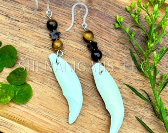 Tiger’s Eye Coyote Tooth Earrings – Crystal Star Dangle Jewelry
