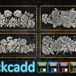 Set di fiori da parete 2/4 Modelli di file vettoriali digitali da utilizzare per il taglio laser, la fresatura CNC in file Dwg, Dxf Pdf, Jpg e Svg Vector