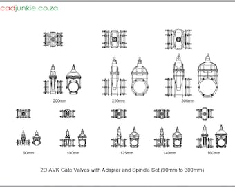 AutoCAD Blocks | AVK Gate Valves with Adapter and Spindle Set (90mm to 300mm