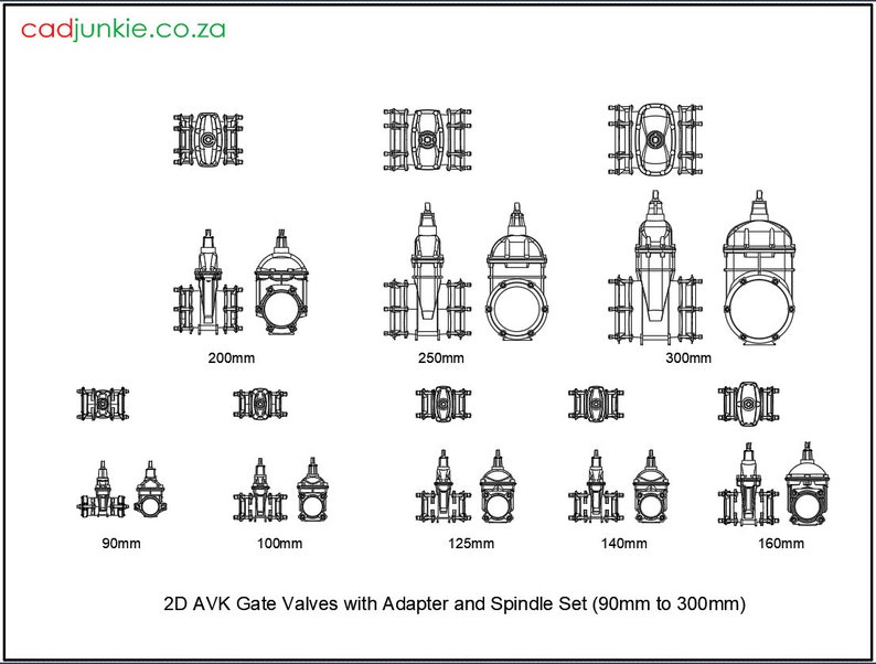 Autocad Blocks AVK Gate Valves With Adapter and Spindle Set 90mm to