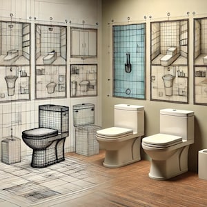 Puede incluir: Un baño con paredes blancas y suelo de baldosas. Hay cinco inodoros en la habitación, cuatro de los cuales son blancos y uno es negro. Los inodoros son todos de diferentes estilos y tamaños. Las paredes están decoradas con dibujos de inodoros.