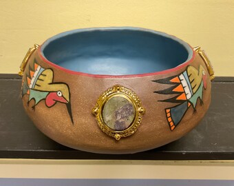 Handmade large ceramic Humming Bird bowl with Stones, hand painted pottery Bowl, twice fired stoneware, one of a kind, artist signed