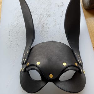 Riveted Black Leather Rabbit Mask with straps/buckle, Handmade, fully adjustable, costume