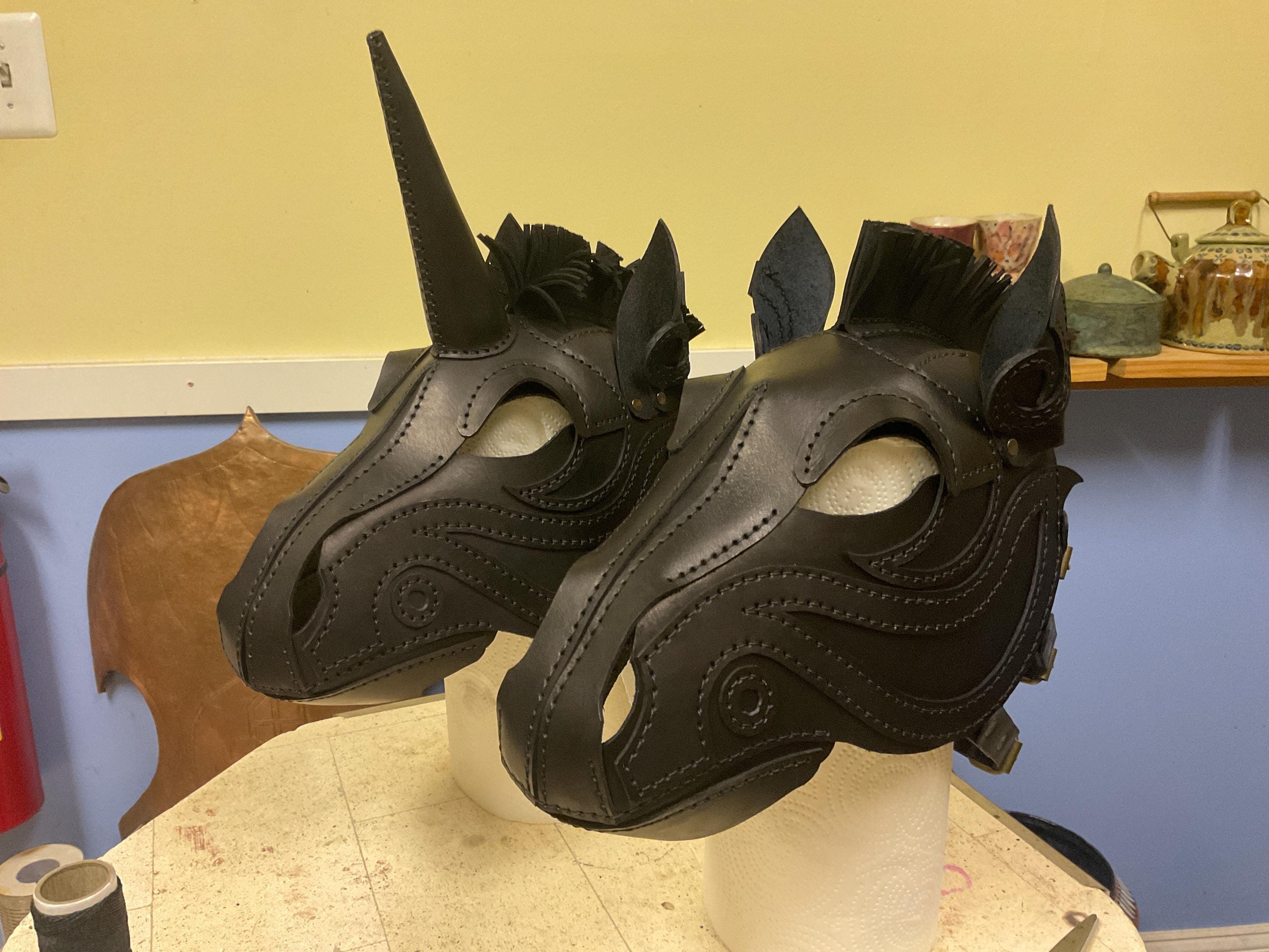 Genuine Leather Horse Mask Hood, Black, Hand Stitched, Halloween mask, fully adjustable, adult size, cosplay, pony play, horseplay