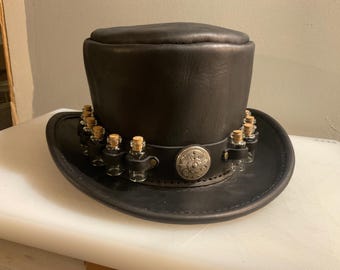 Genuine Leather Top Hat, hand stitched, Handmade,  made to YOUR SIZE, with 12 glass bottle hatband.