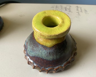 Handmade stoneware ceramic pottery Cone Ink Well, signed dated numbered