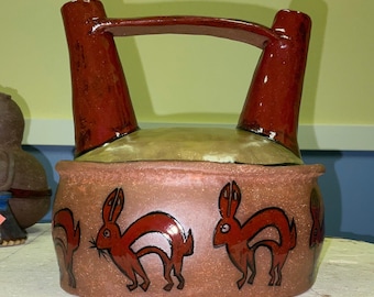Rabbit Jug, handmade one of a kind 2 spout stoneware pottery, twice fired, artist signed